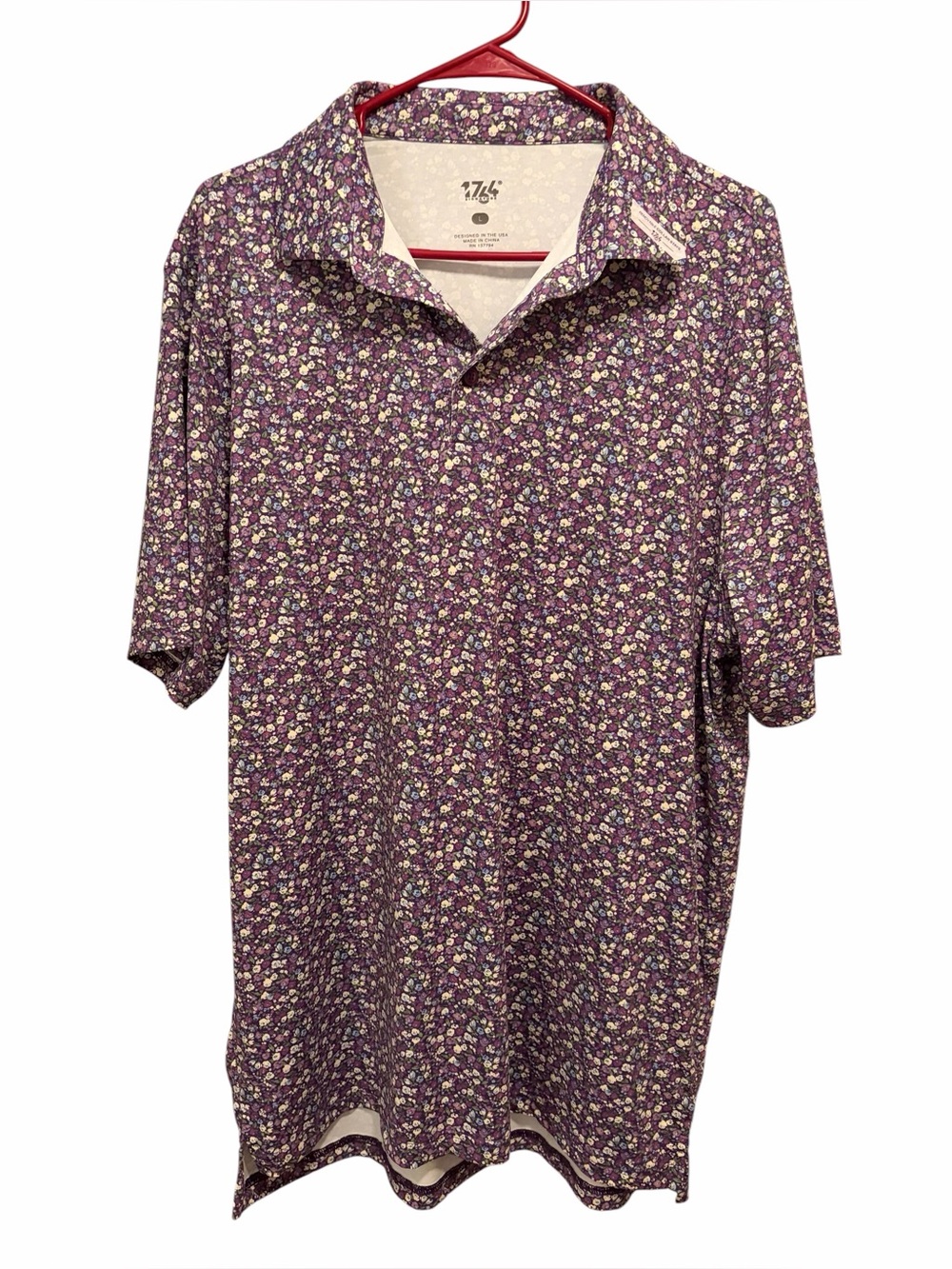 1764 Men's Purple Floral Polo Shirt. Size large. Good condition